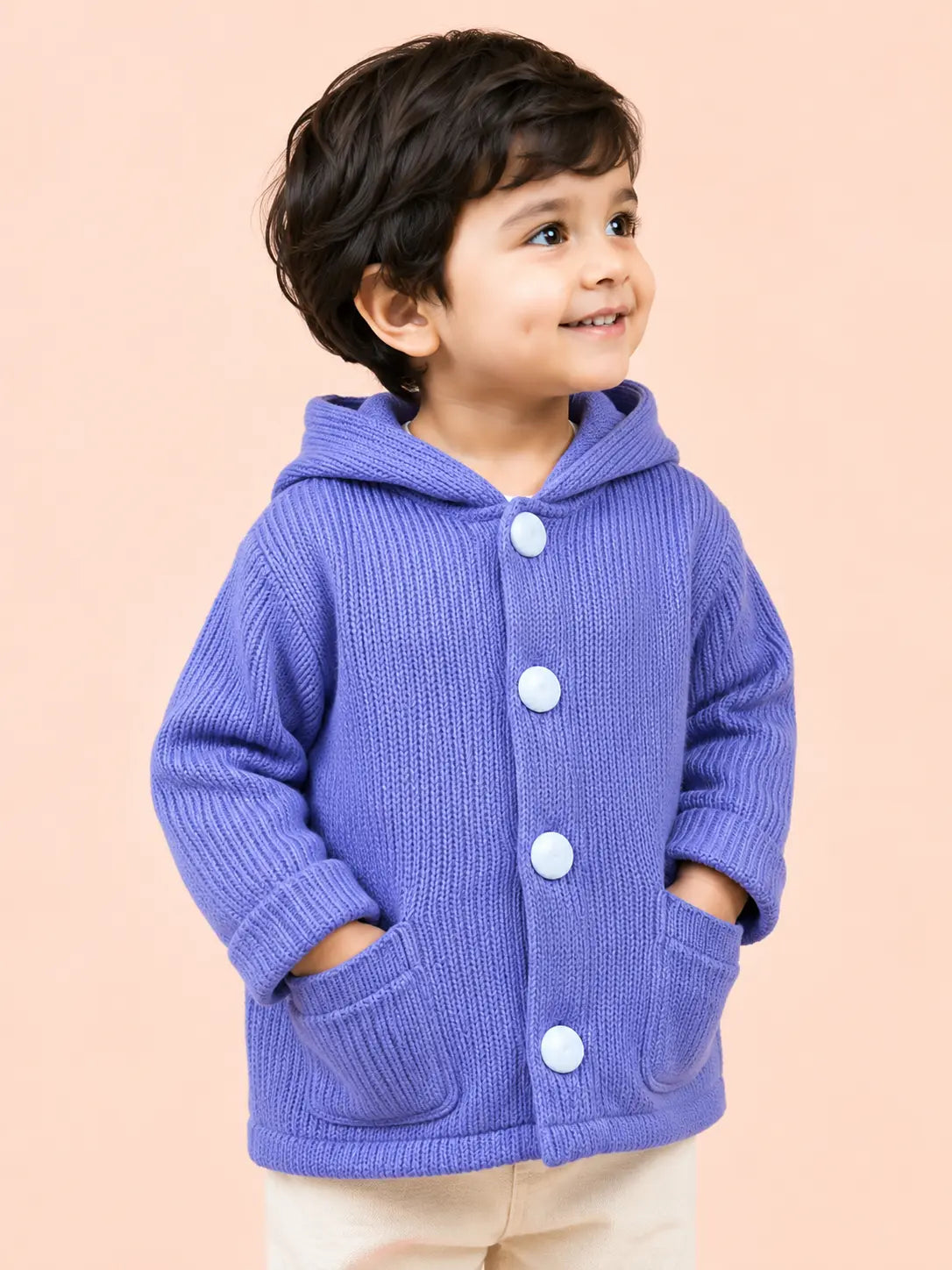BloomUp Lavender Purple Hooded Knit Coat for Kids – Soft Warm Winter Button Cardigan Jacket with Pockets