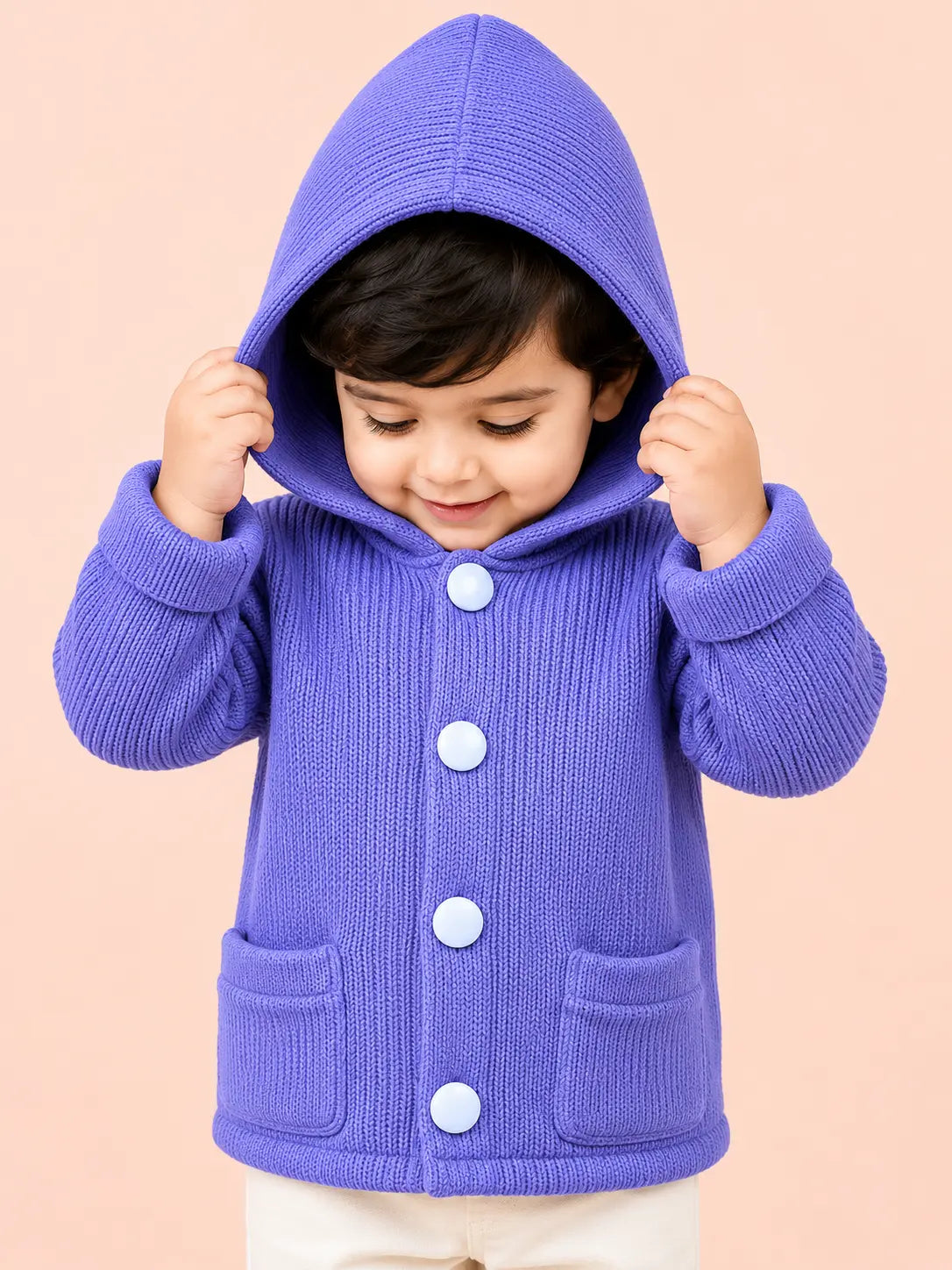 BloomUp Lavender Purple Hooded Knit Coat for Kids – Soft Warm Winter Button Cardigan Jacket with Pockets