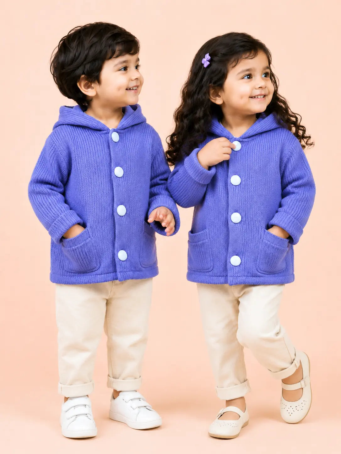 BloomUp Lavender Purple Hooded Knit Coat for Kids – Soft Warm Winter Button Cardigan Jacket with Pockets
