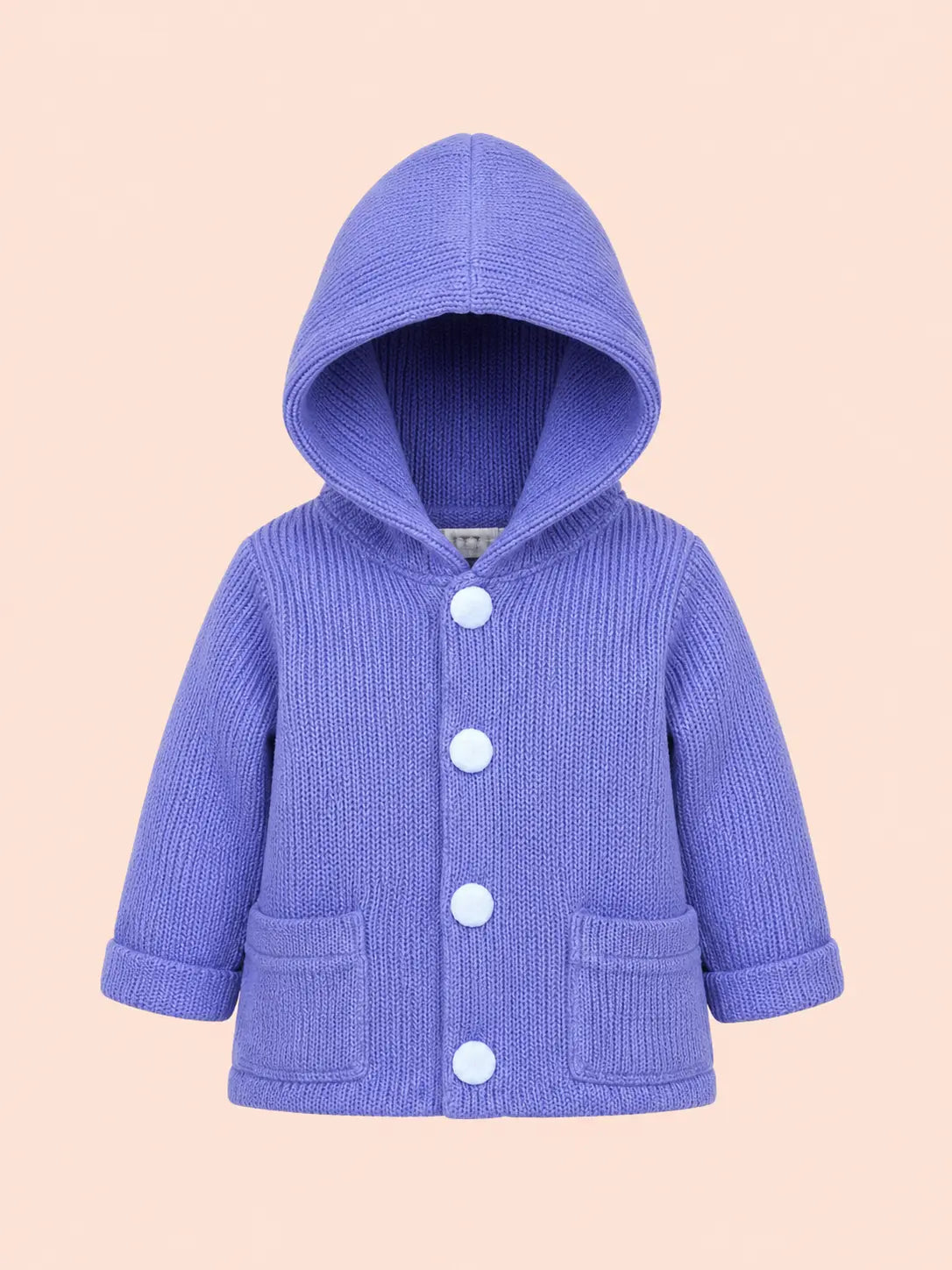 BloomUp Lavender Purple Hooded Knit Coat for Kids – Soft Warm Winter Button Cardigan Jacket with Pockets