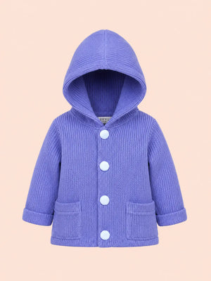 BloomUp Lavender Purple Hooded Knit Coat for Kids – Soft Warm Winter Button Cardigan Jacket with Pockets