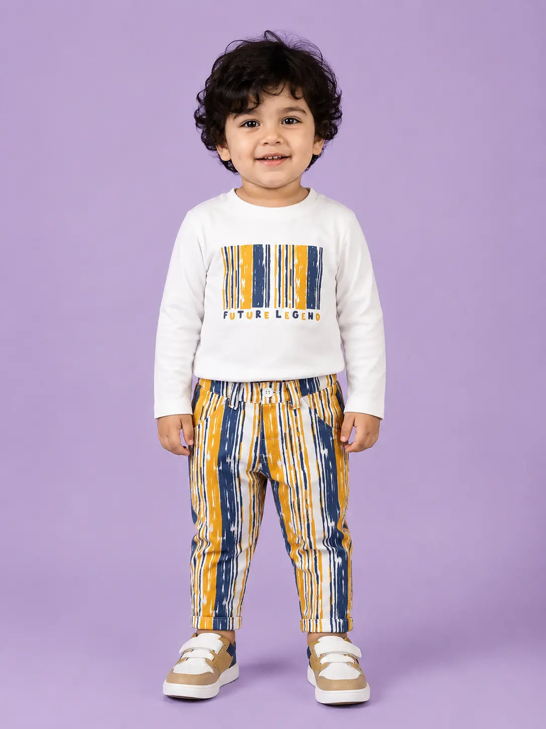 BloomUp White Future Legend Graphic Co-ord Set for Baby Boys – Soft Full Sleeve T-Shirt & Striped Pants Kids Outfit