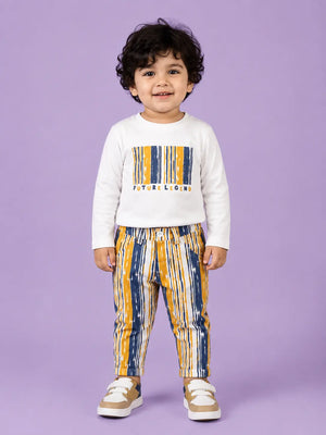 BloomUp White Future Legend Graphic Co-ord Set for Baby Boys – Soft Full Sleeve T-Shirt & Striped Pants Kids Outfit