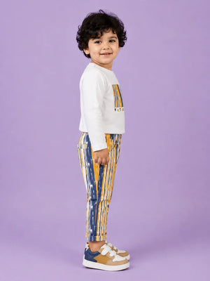 BloomUp White Future Legend Graphic Co-ord Set for Baby Boys – Soft Full Sleeve T-Shirt & Striped Pants Kids Outfit