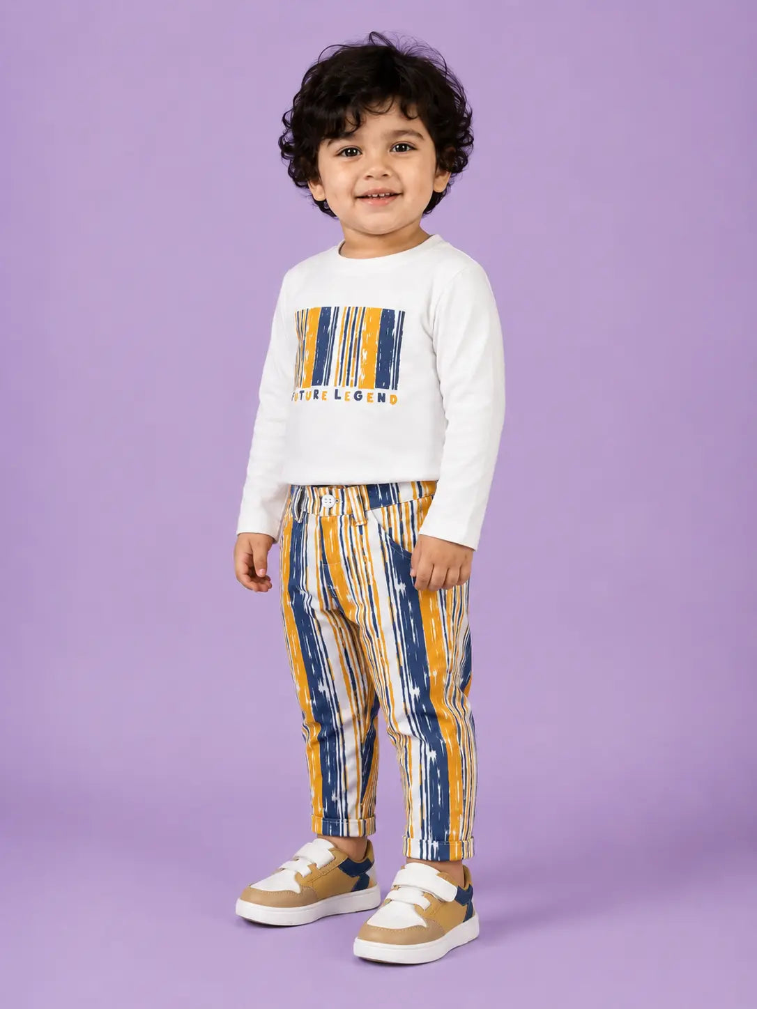 BloomUp White Future Legend Graphic Co-ord Set for Baby Boys – Soft Full Sleeve T-Shirt & Striped Pants Kids Outfit
