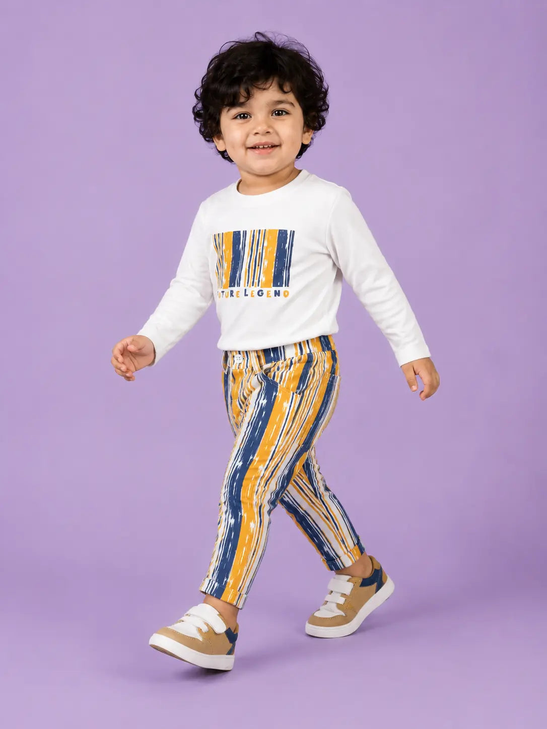 BloomUp White Future Legend Graphic Co-ord Set for Baby Boys – Soft Full Sleeve T-Shirt & Striped Pants Kids Outfit