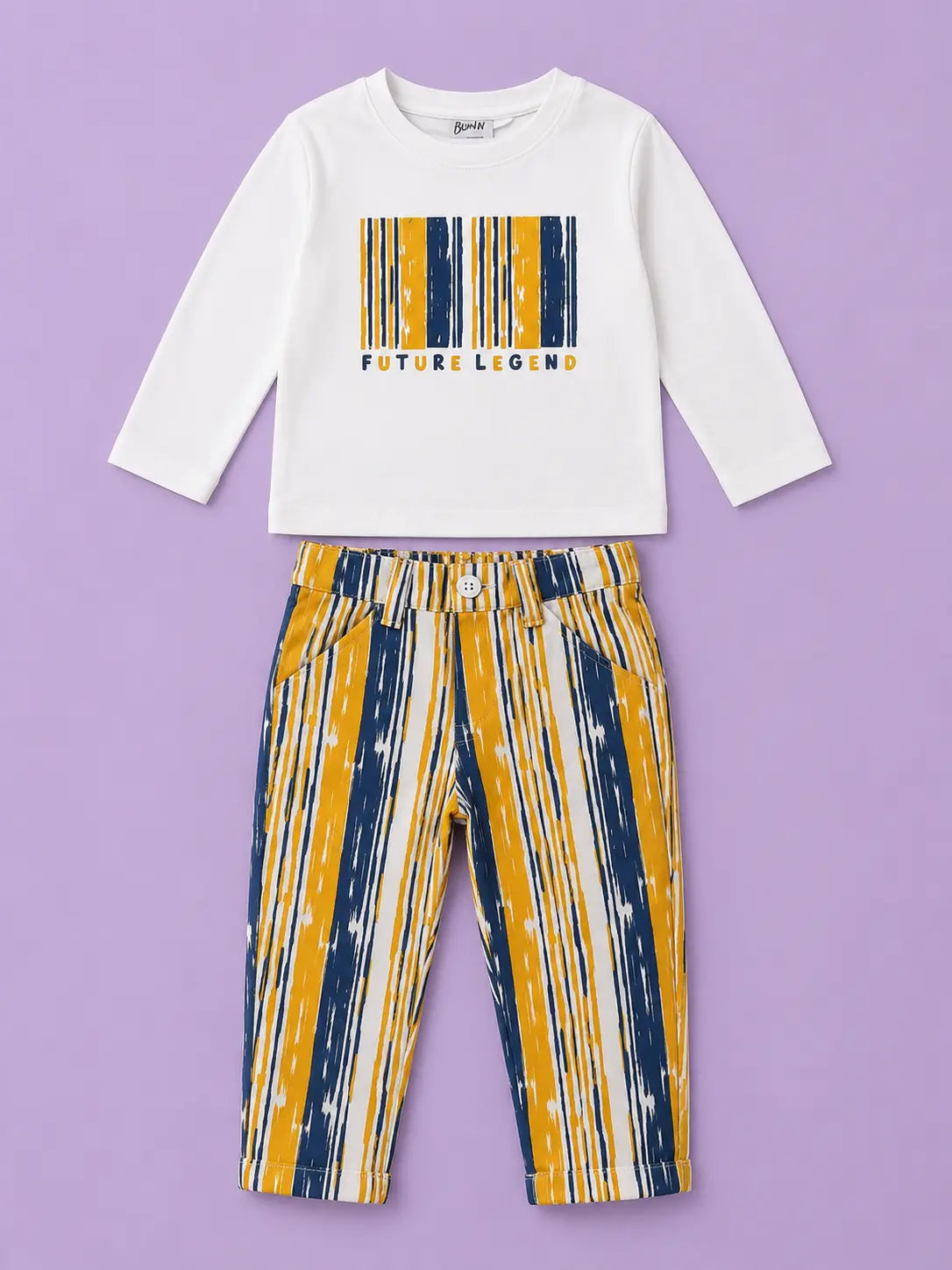 BloomUp White Future Legend Graphic Co-ord Set for Baby Boys – Soft Full Sleeve T-Shirt & Striped Pants Kids Outfit