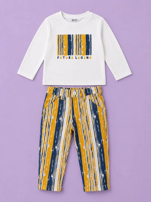 BloomUp White Future Legend Graphic Co-ord Set for Baby Boys – Soft Full Sleeve T-Shirt & Striped Pants Kids Outfit