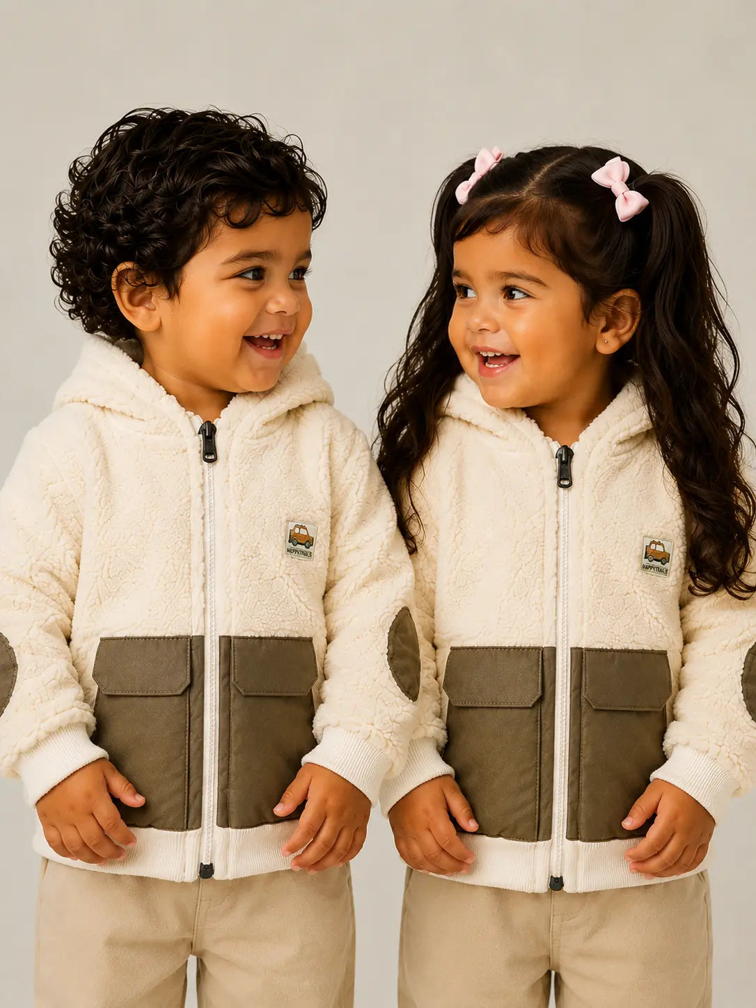 BloomUp Cream Sherpa Hooded Winter Jacket for Baby Boys – Soft Fleece Zip-Up Outerwear