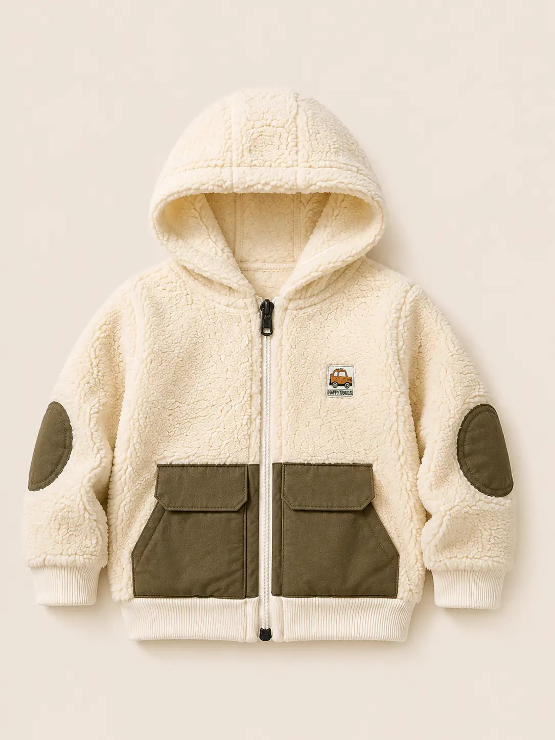 BloomUp Cream Sherpa Hooded Winter Jacket for Baby Boys – Soft Fleece Zip-Up Outerwear
