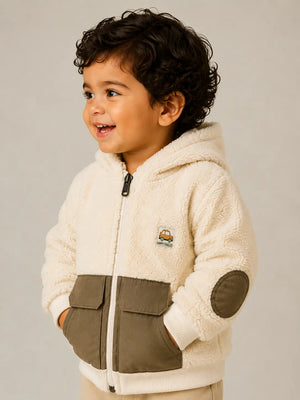BloomUp Cream Sherpa Hooded Winter Jacket for Baby Boys – Soft Fleece Zip-Up Outerwear