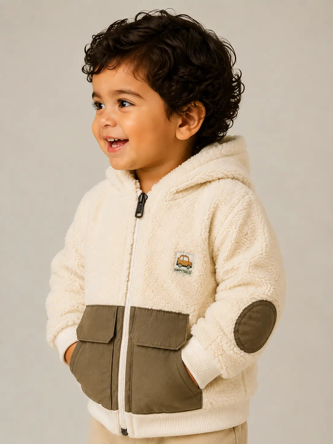 BloomUp Cream Sherpa Hooded Winter Jacket for Baby Boys – Soft Fleece Zip-Up Outerwear