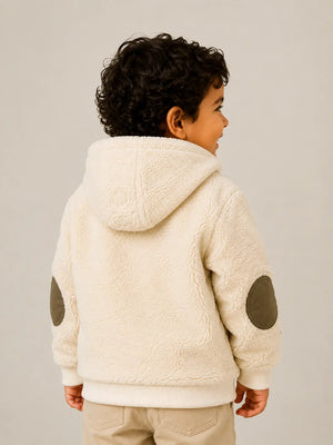 BloomUp Cream Sherpa Hooded Winter Jacket for Baby Boys – Soft Fleece Zip-Up Outerwear
