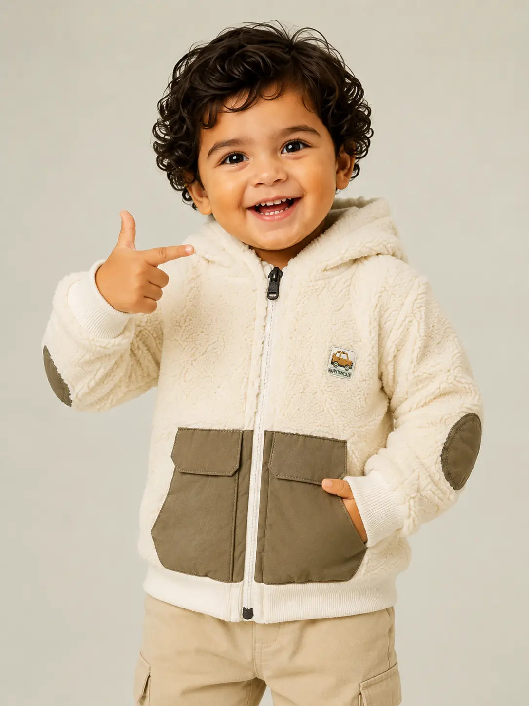 BloomUp Cream Sherpa Hooded Winter Jacket for Baby Boys – Soft Fleece Zip-Up Outerwear