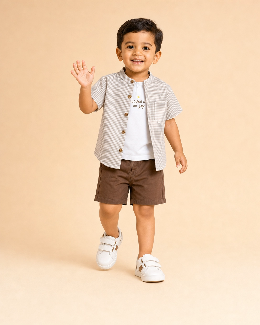 Beige Checkered 3-Piece Shirt, T-Shirt & Shorts Set for Boys – Casual Summer Outfit BloomUp