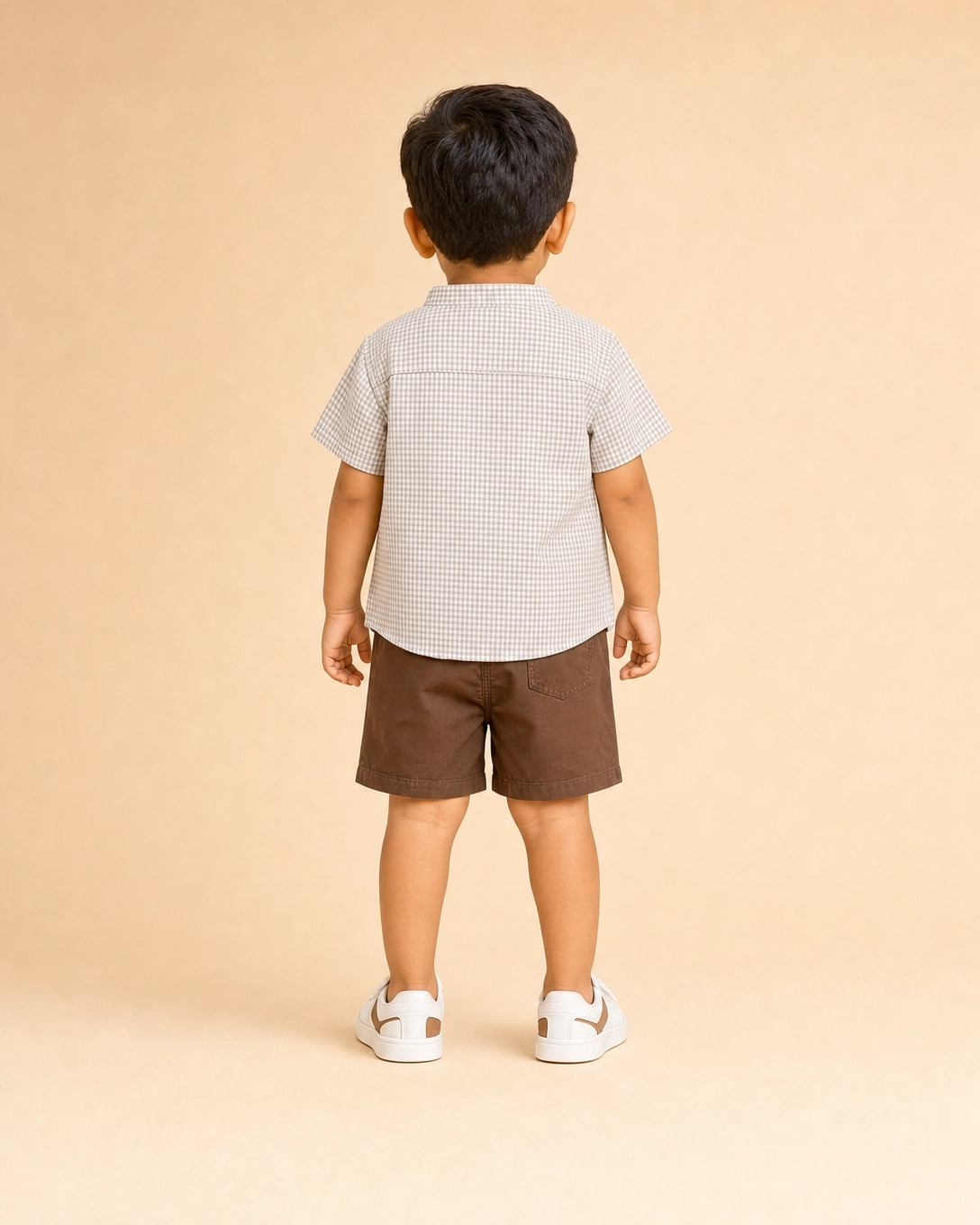 Beige Checkered 3-Piece Shirt, T-Shirt & Shorts Set for Boys – Casual Summer Outfit BloomUp
