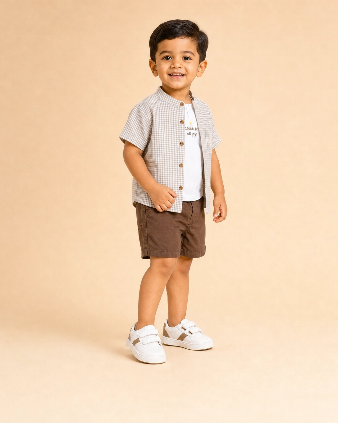 Beige Checkered 3-Piece Shirt, T-Shirt & Shorts Set for Boys – Casual Summer Outfit BloomUp
