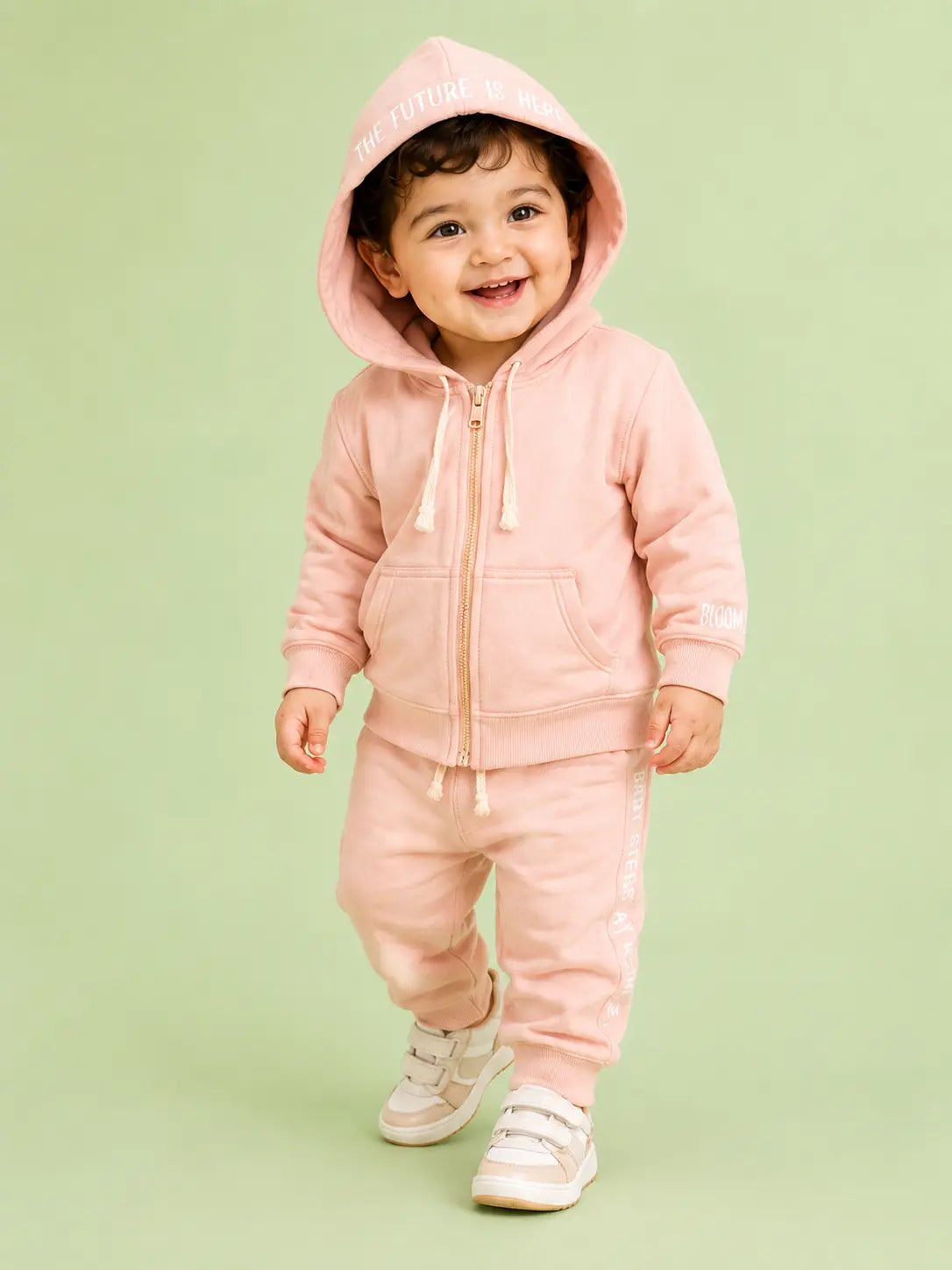BloomUp Peach Pink Zip-Up Hoodie Co-ord Set for Kids – Soft Cotton Winter Wear Tracksuit Outfit