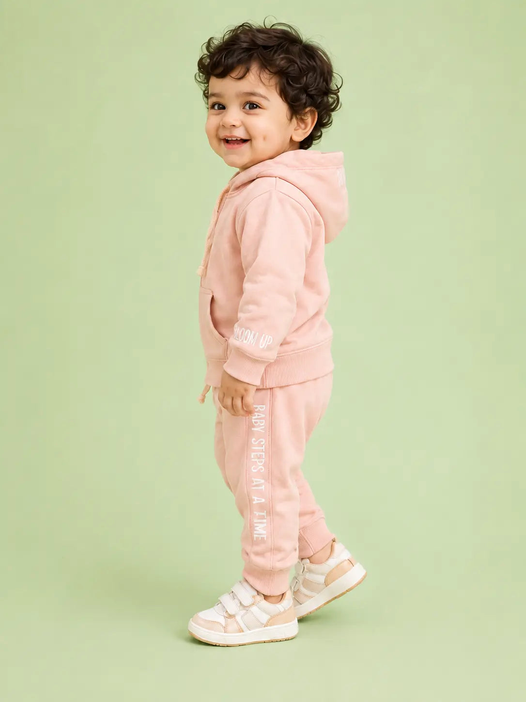 BloomUp Peach Pink Zip-Up Hoodie Co-ord Set for Kids – Soft Cotton Winter Wear Tracksuit Outfit