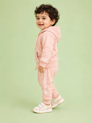 BloomUp Peach Pink Zip-Up Hoodie Co-ord Set for Kids – Soft Cotton Winter Wear Tracksuit Outfit
