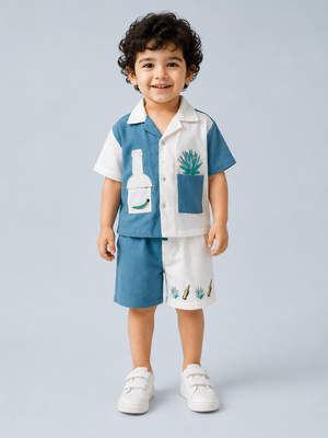 Blue Color Block Co-ord Set for Boys – Soft Cotton Casual Summer Outfit BloomUp