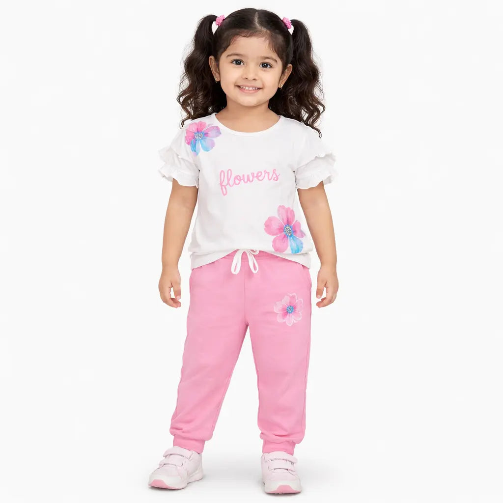 Girls Floral Printed Co-ord Set – Soft Cotton T-Shirt & Jogger Pants Summer Wear Kids Outfit BloomUp