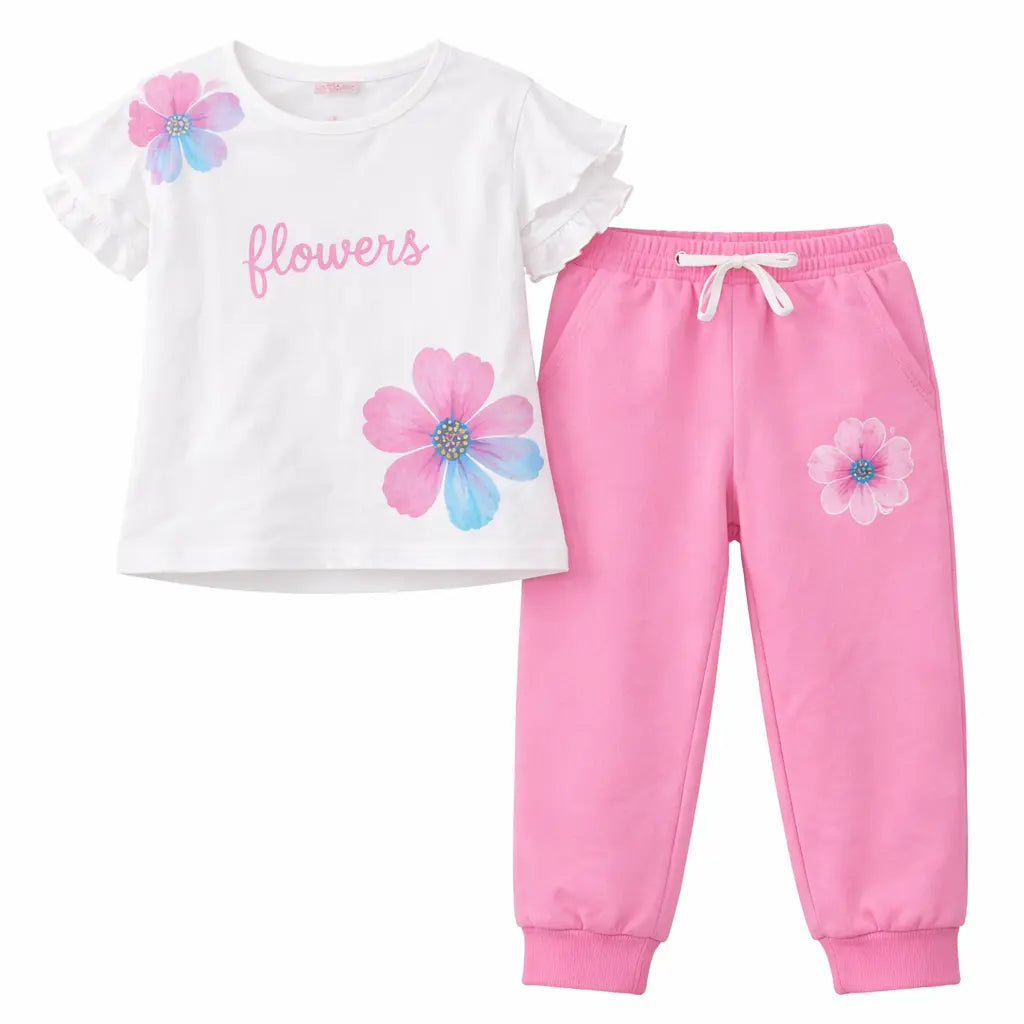 Girls Floral Printed Co-ord Set – Soft Cotton T-Shirt & Jogger Pants Summer Wear Kids Outfit BloomUp