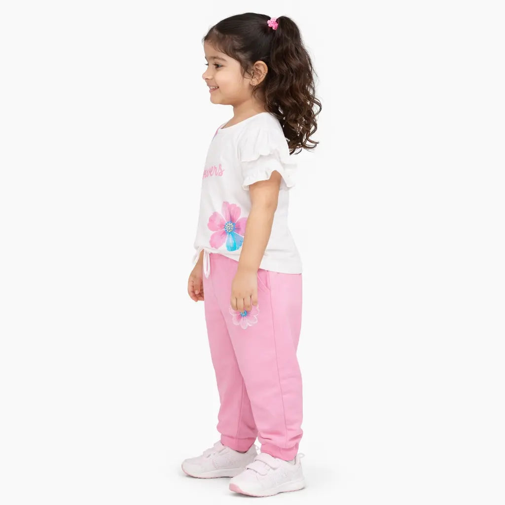Girls Floral Printed Co-ord Set – Soft Cotton T-Shirt & Jogger Pants Summer Wear Kids Outfit BloomUp