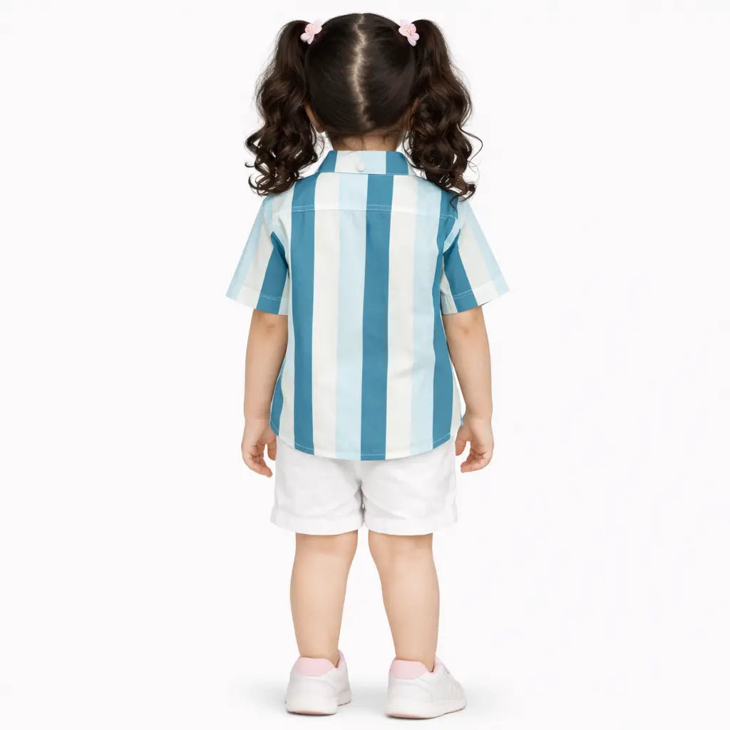 Blue & White Striped Girl Casual Shirt – Soft Cotton Half Sleeve Summer Kids Wear BloomUp