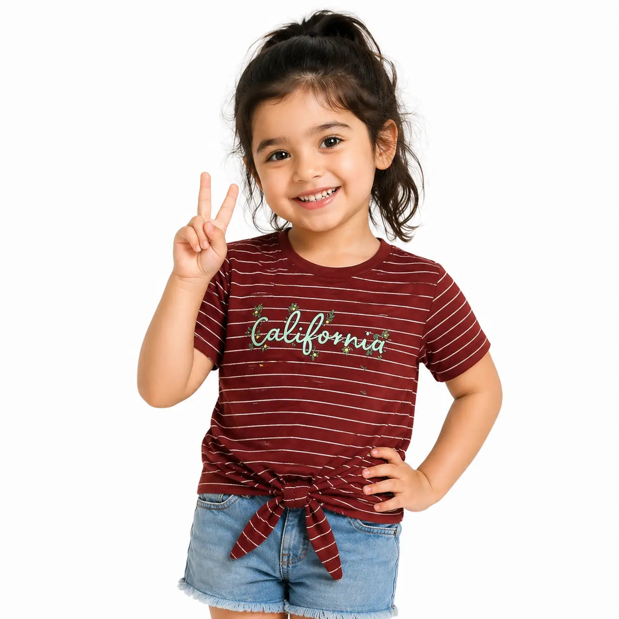 Maroon Striped California Tie-Up Top for Girls – Soft Cotton Summer Wear Kids T-Shirt BloomUp
