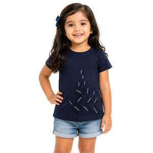 Navy Blue Minimal Graphic Kids T-Shirt – Soft Cotton Summer Wear for Girls BloomUp