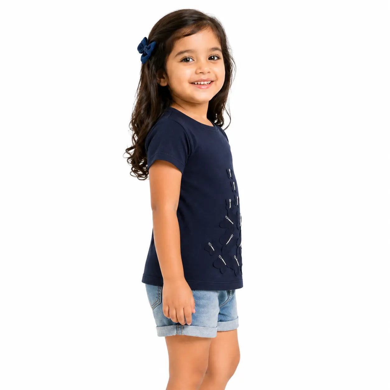 Navy Blue Minimal Graphic Kids T-Shirt – Soft Cotton Summer Wear for Girls BloomUp