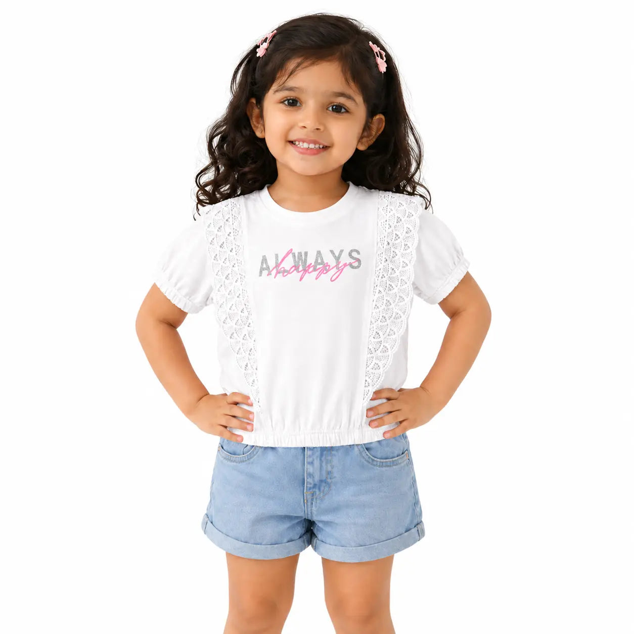 White & Pink Lace Panel Kids T-Shirt – Soft Cotton Stylish Summer Wear for Girls BloomUp
