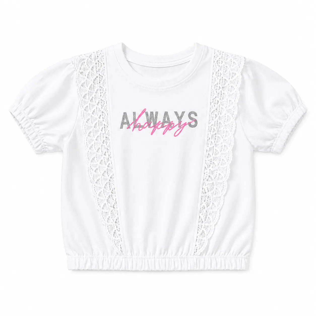 White & Pink Lace Panel Kids T-Shirt – Soft Cotton Stylish Summer Wear for Girls BloomUp