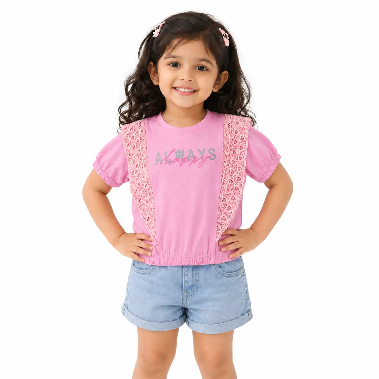 Pink Lace Panel Kids T-Shirt – Soft Cotton Stylish Summer Wear for Girls BloomUp