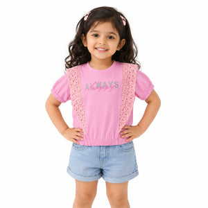 Pink Lace Panel Kids T-Shirt – Soft Cotton Stylish Summer Wear for Girls BloomUp