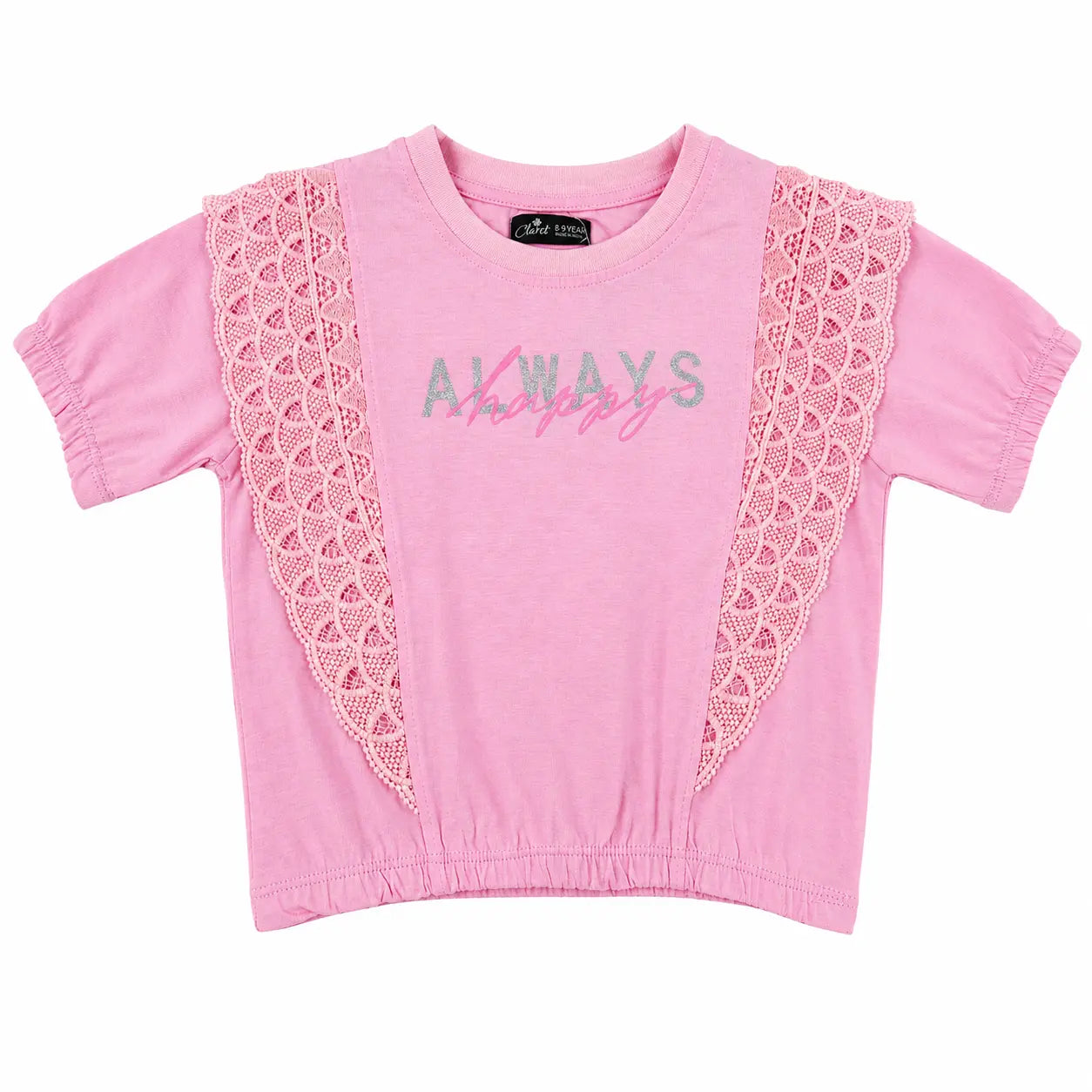 Pink Lace Panel Kids T-Shirt – Soft Cotton Stylish Summer Wear for Girls BloomUp