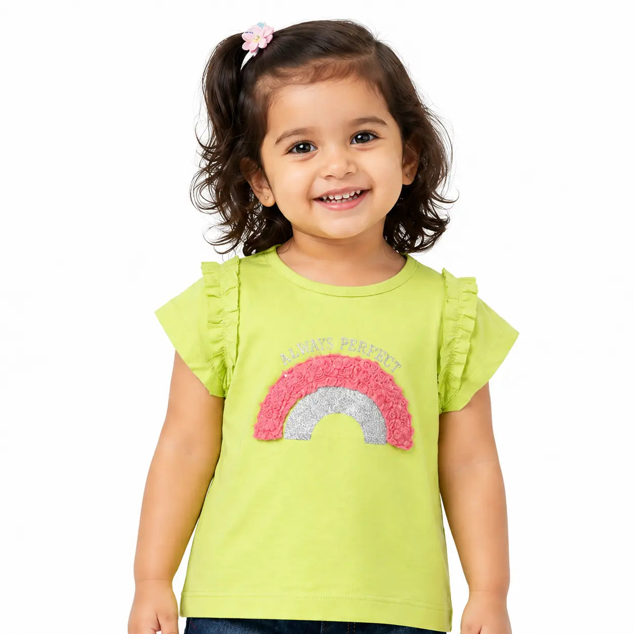Lime Green Rainbow Kids Co-ord Set with Denim Shorts – Soft Cotton Summer Wear for Girls BloomUp