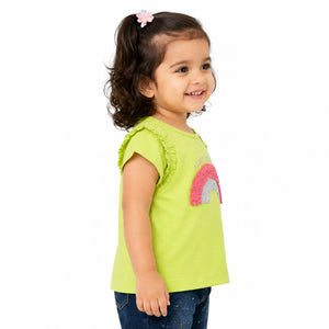 Lime Green Rainbow Kids Co-ord Set with Denim Shorts – Soft Cotton Summer Wear for Girls BloomUp