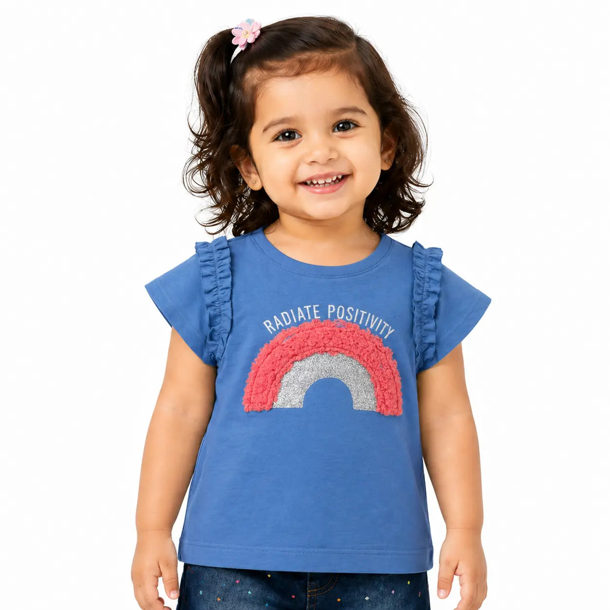 Blue Rainbow Graphic Ruffle Sleeve Kids T-Shirt – Soft Cotton Summer Wear for Girls  Full Description BloomUp