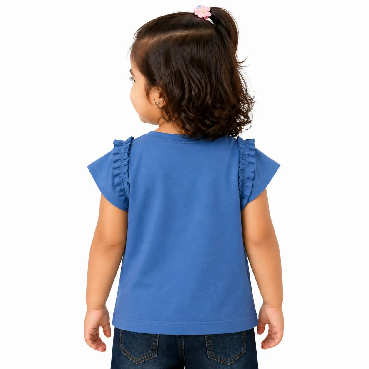 Blue Rainbow Graphic Ruffle Sleeve Kids T-Shirt – Soft Cotton Summer Wear for Girls  Full Description BloomUp