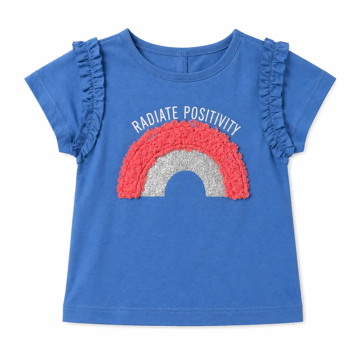 Blue Rainbow Graphic Ruffle Sleeve Kids T-Shirt – Soft Cotton Summer Wear for Girls  Full Description BloomUp