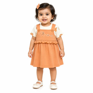Baby Girls Rust Pinafore Dress with Elephant Embroidery & Tee Set BloomUp