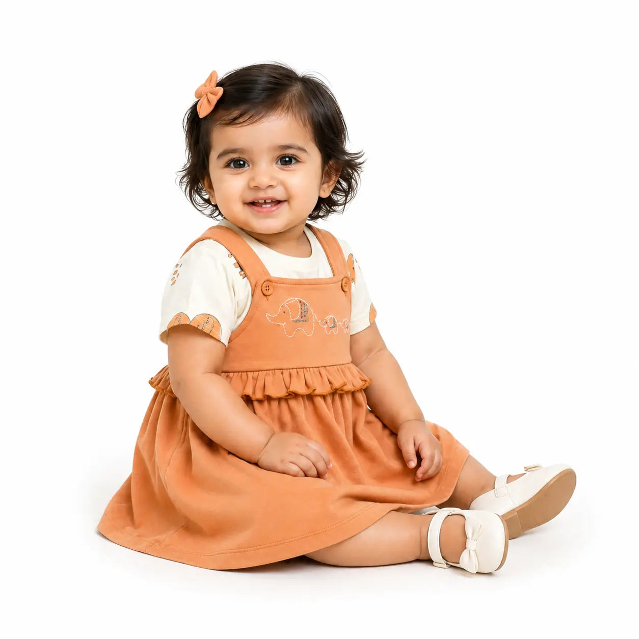 Baby Girls Rust Pinafore Dress with Elephant Embroidery & Tee Set BloomUp