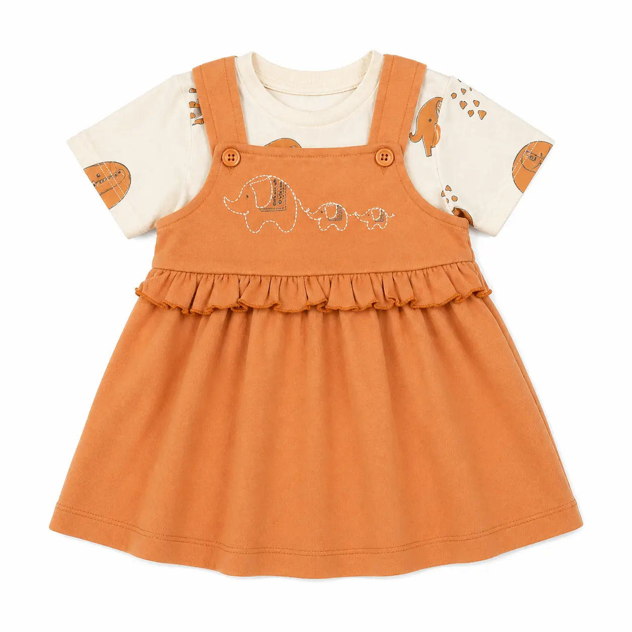 Baby Girls Rust Pinafore Dress with Elephant Embroidery & Tee Set BloomUp