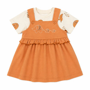Baby Girls Rust Pinafore Dress with Elephant Embroidery & Tee Set BloomUp