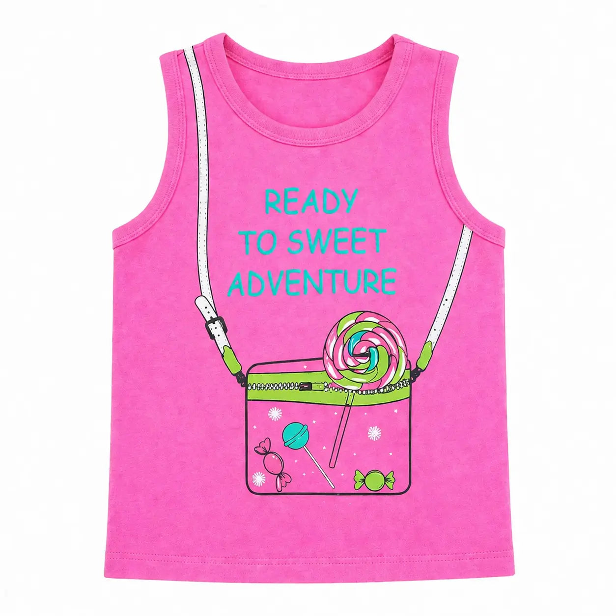 Pink Sweet Adventure Graphic Sleeveless Top for Girls – Soft Cotton Summer Wear Kids Tank Top BloomUp