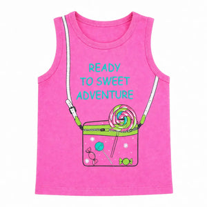 Pink Sweet Adventure Graphic Sleeveless Top for Girls – Soft Cotton Summer Wear Kids Tank Top BloomUp