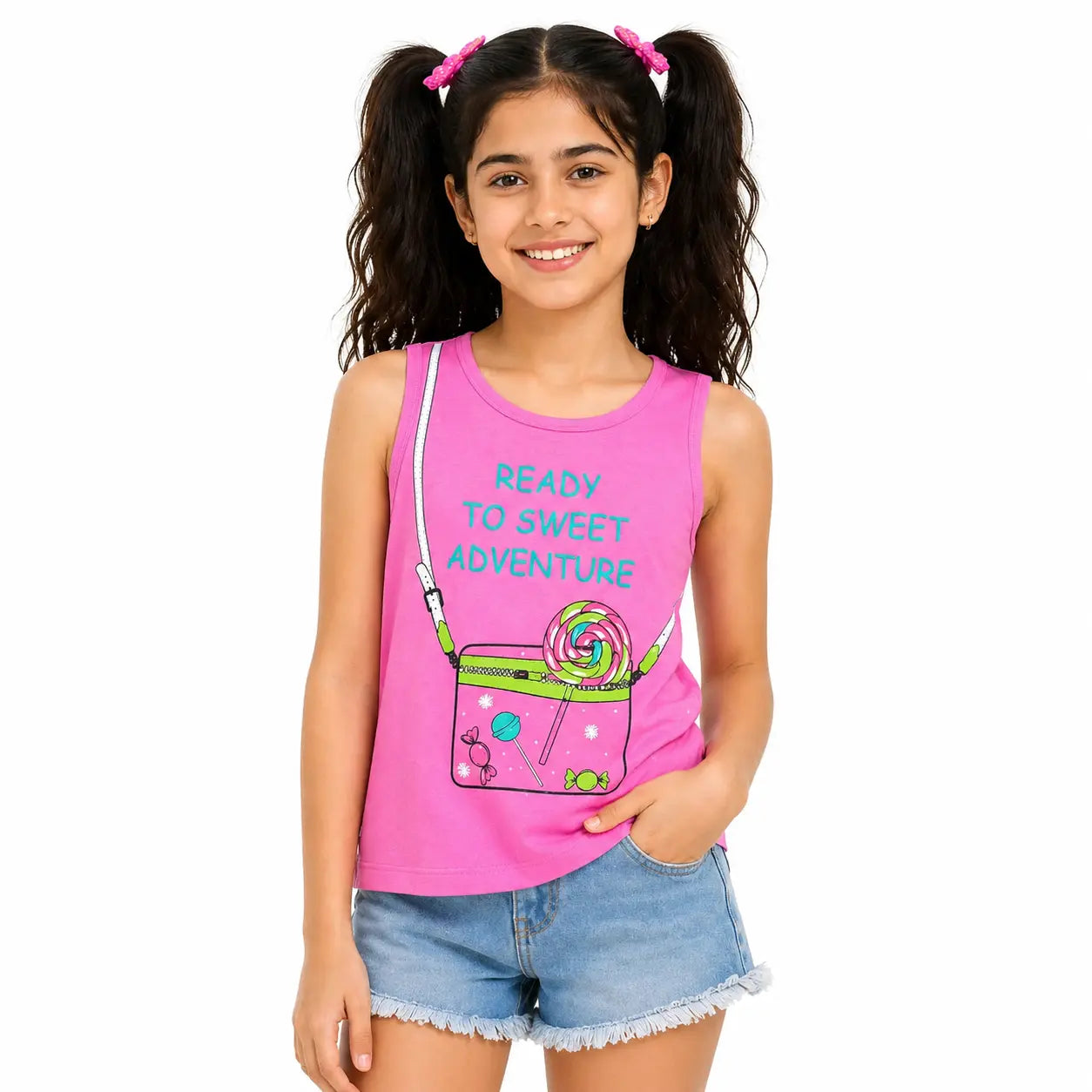 Pink Sweet Adventure Graphic Sleeveless Top for Girls – Soft Cotton Summer Wear Kids Tank Top BloomUp