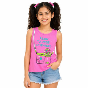 Pink Sweet Adventure Graphic Sleeveless Top for Girls – Soft Cotton Summer Wear Kids Tank Top BloomUp